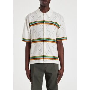 Paul Smith Mens Knit Polo Shirt Cream Large Multi Color Stripe Button Down